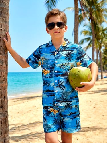 Image of DAXIANG Boys 2 Piece Hawaiian Outfit Summer Button Down Shirt and Pocket Short Sets Beach Vacation Clothes for Kid Size 3-10