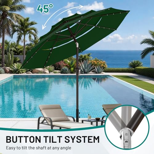 Image of AreShark 9ft 3 Tiers Patio Umbrella with Solar Lights, Outdoor Umbrella w / 32 LED Lights&8 Sturdy Ribs, Table Umbrella for Deck, Backyard, Pool (Dark Green)