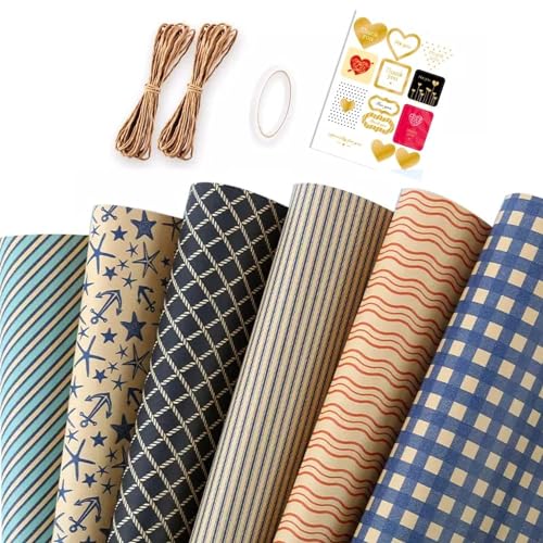 Gift Wrapping Paper sheets Set Included 6 Pack Gift Kraft Wrap Paper with hemp string Sticker and Tape for Birthday Party Graduation Eid Boys Girls kids baby Men Women 50 cm X 70 cm Per Sheet
