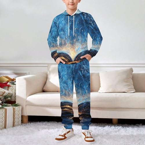 Boys Girls Sweatshirt Set 2 Piece Pullover Hoodie Kid Jogger Sweatpants, Books Lovers Blue Flaming3