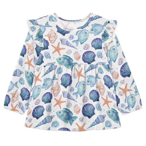 Blue Fish Starfish Girls Shirts Cotton Long Sleeve Ruffle Toddler Tee Tops
