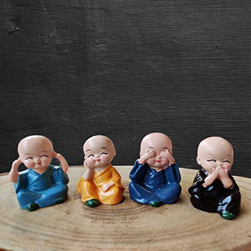 Image of AUGEN Polyresin Set of 4 Buddha Monks Statues Figurines Showpiece for Wall Shelf Table Desktop Living Room Car Dashboard Decoration Home Office Decor (Multicolour)