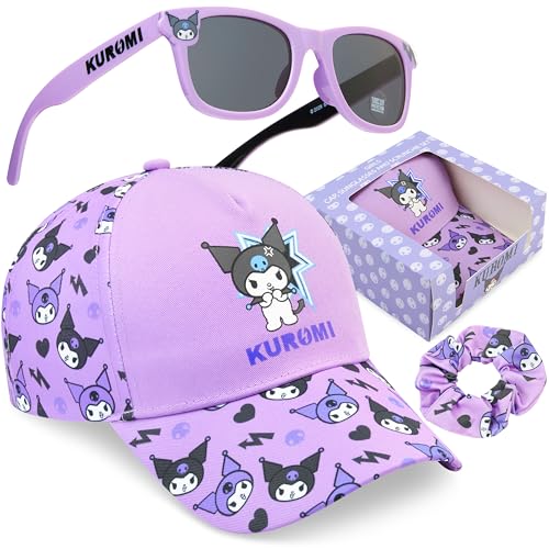 Get Trend Kuromi Girls Baseball Cap UV Protection Sunglasses & Soft Scrunchies Kawaii 3 Pc Set Adjustable Snapback 6-14Y (Purple Kuromi)