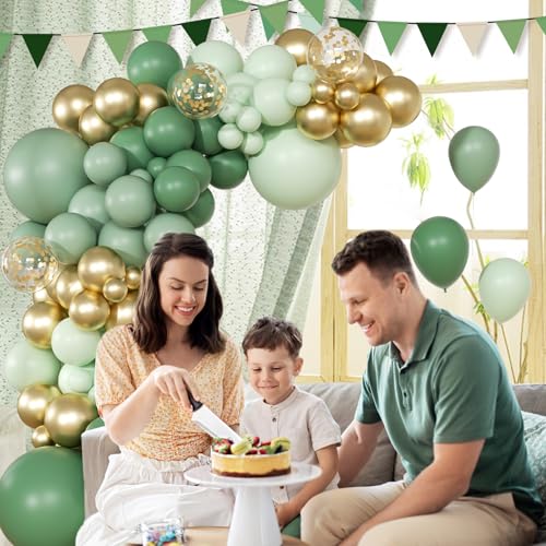 Image of Sage Green Balloon Garland Arch Kit with Metallic Gold Balloons