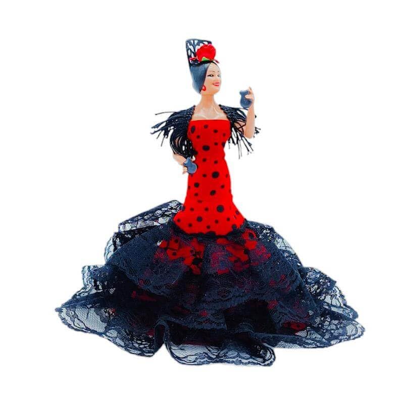 FOLK Muñeca 19 cm. colección Vestido Flamenca andaluza Lunares con Cola, versión clásica Fabricada en España Artesanía (Rojo con Lunares Negros)