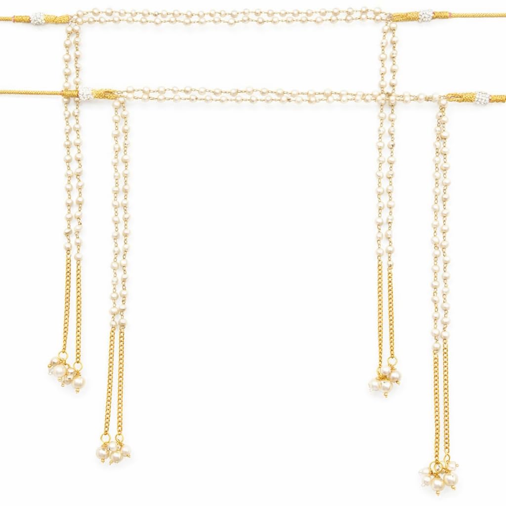 "Traditional Fancy Golden Designer Classy Wonderful Mundavalya | Mundavli Bashing For Wedding | Mundavalya Wedding Gold-Plated Beaded Strings with Hanging Pearls | Bridal Mundavaly for Women/Men ( Pack of 2 )-image-31