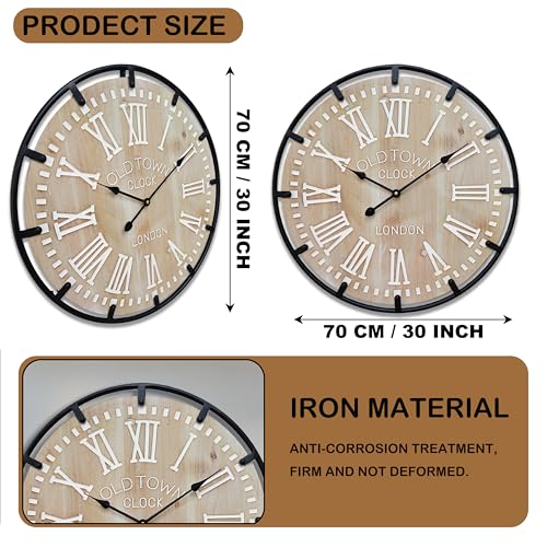 Large Farmhouse Rustic Wooden Wall Clock with Metal Frame and Large Engraved Numbers，Oversized Silent Retro Metal Wood Face Decorative Clock for Office Kitchen Bedroom Living Room (White, 30 inch) - image 4