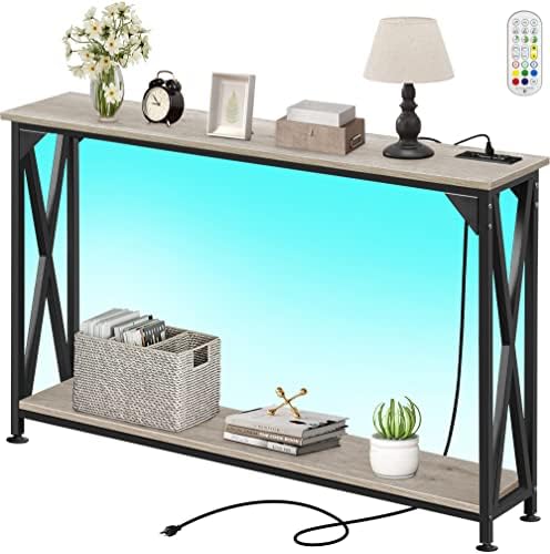 Dansion 2 Tiers Console Sofa Table with Power Outlet, Industrial Entryway Table with Open Storage Shelf, Accent Side Table with LED Strip Lights for Hallway Living Room, X-Shaped Metal Frame Support