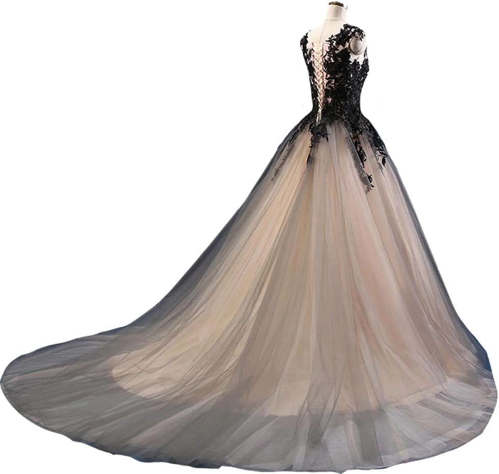 Gothic Long Black Lace Sheer Bateau Prom Wedding Dresses Gray Tulle Formal Ball Gown