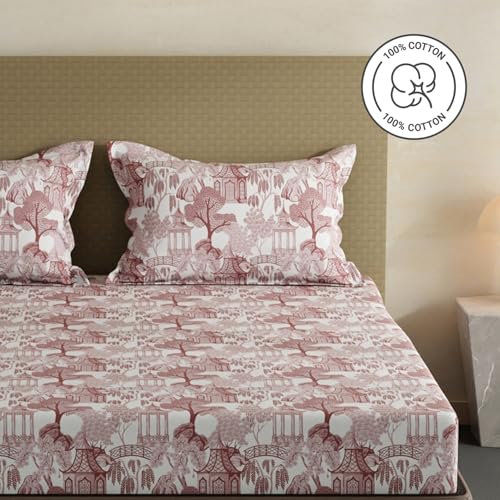 Image of Layers 100% Cotton Bedsheet for King Size Bed | Lumina Floret Collection | 144 TC Soft & Breathable | Printed with 2 Pillow Covers | Wrinkle Free & Colorfast | 3 Piece Bedding Set - Brown