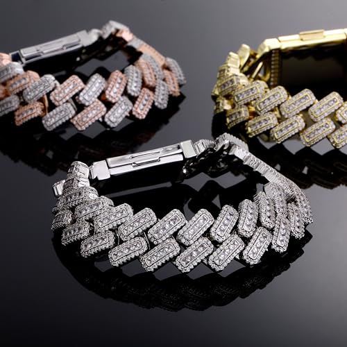 JINAO 20MM 6 Times 14k Gold Plated Cuban Link Bracelet Iced Out Bling Round Carre Baguette Cut CZ with Prong Setting Simulated Diamond Bracelet Hip Hop Jewelry for Men3