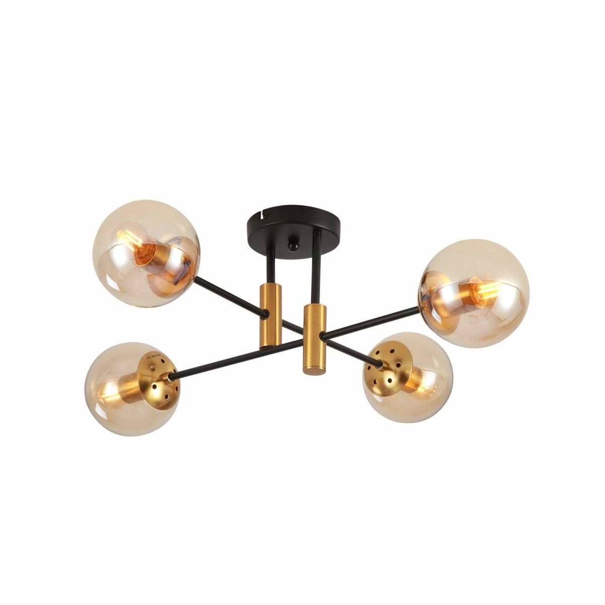 Tekled Amber Globe Modern 4 Light Amber Glass Globe Sputnik Chandelier Gold And Black Metal Semi Flush Mount Close To Ceiling Light | E27 Bulb Base | For Kitchen Island Living Bedroom Hallway (Bulb Not Included)