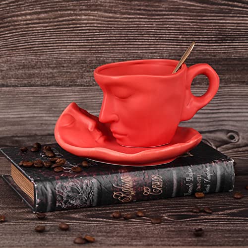 Tea Cup And Saucer Set Ceramic Kissing Couple Coffee Mug Set With Spoon Face Coffee Cup Unique Teacup And Saucer Valentine's Day Christmas Creative Gift (Red) #TOP3