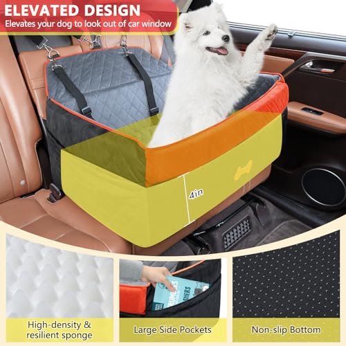 Image of Dog Car Seat for Medium Large Dogs, Detachable Washable Pet Booster Seat with Memory Foam Cushion, Side Pockets, 2 Clip-On Safety Leashes Pet Car Seat for Dog Up to 60 lbs /2 Small Dogs-Black