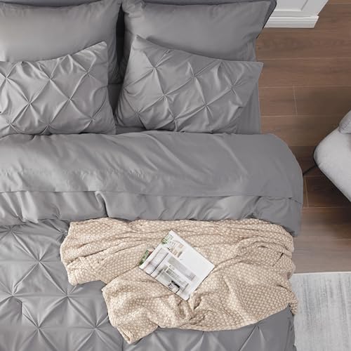 Image of Bedsure Twin Comforter Set Grey - Bed in a Bag Twin Size Bedding 5 Pieces, GentleSoft Pintuck Bed Set Gift for Family, All Season Down Alternative Comforter with Sheets, Pillowcase & Sham
