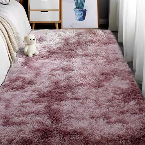 Tapis lavable longs poils 120x170 cm rose pourpre antidérapant - 2