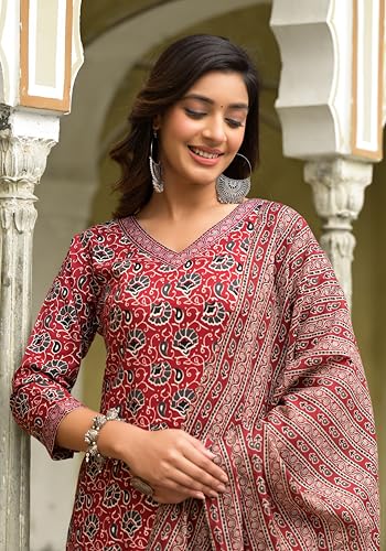 Image of Nermosa Women Printed Straight Kurta and Pant Set with Dupatta