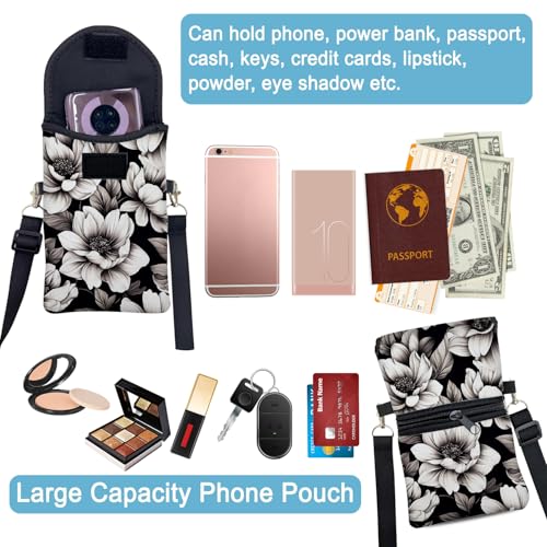 Image of Neoprene Cell Phone Sleeve Pouch Case Bag with Crossbody Strap Neck Lanyard for Women 7.5 X 4.3 in Flower Black