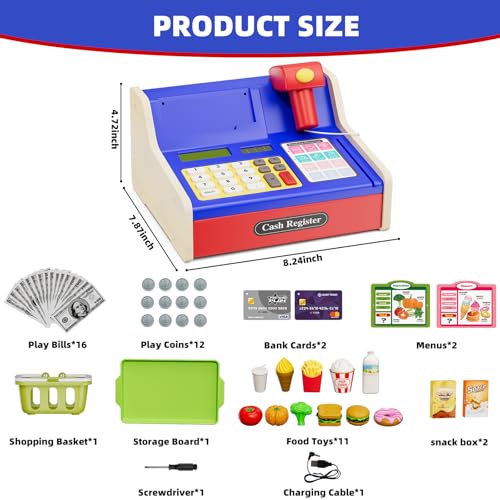 Image of HYES Rechargeable Wooden Cash Register for Kids, Toy Cash Register with Play Money, Toy Food, Pretend Play Supermarket & Fast Food Restaurant, Toddler Learning Toys for Boy & Girl Age 3-5, Blue