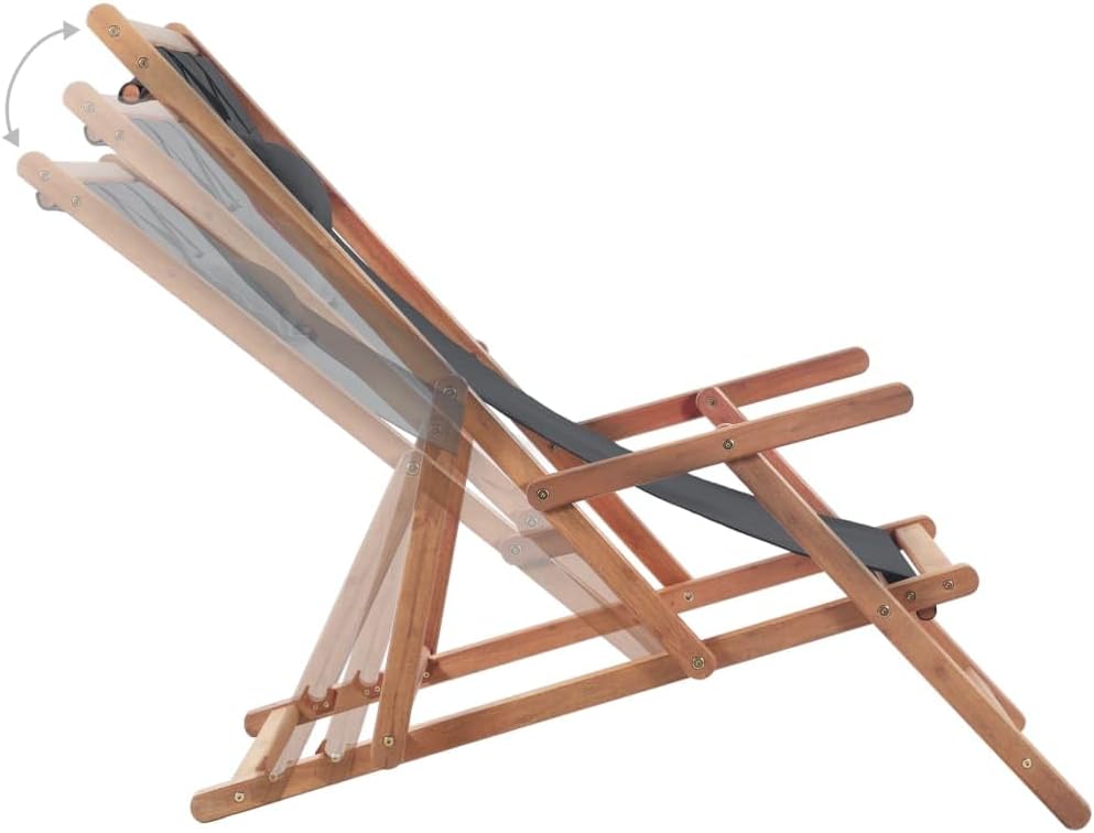 Folding Sling Beach Chair, Grey Eucalyptus Wood & Polyester Fabric, Adjustable Outdoor Patio Seating, Portable Lawn Porch Chair