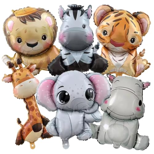 6 Pcs Animal Balloons Giraffe Lion Tiger Elephant Zebra Hippo Safari Foil Balloon Jungle Animal Balloons Zoo Wild One Birthday Party Baby Shower Decorations