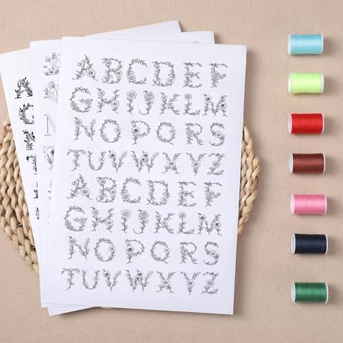 Image of Water Soluble Hand Sewing Stabilizers - 4 Sheets 200+ A-Z Letter Stick and Stitch Embroidery Paper Designs Wash Away with Pre-Printed Flower and Alphabet Patterns for Hand Sewing Lover Beginners