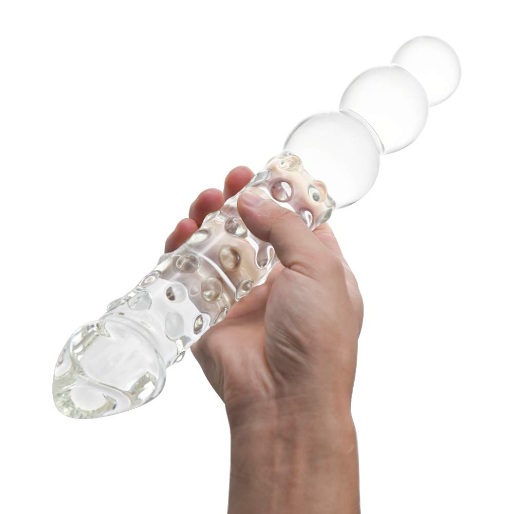 SXOVO 29,5cm Dildo in Vetro a Doppia Estremità, Dildo con 3 Perle Rotonde e Pene Realistico, Palline Anali per Massaggio Prostatico, Sex Toy in Vetro per Coppia Uomo Donna (L)