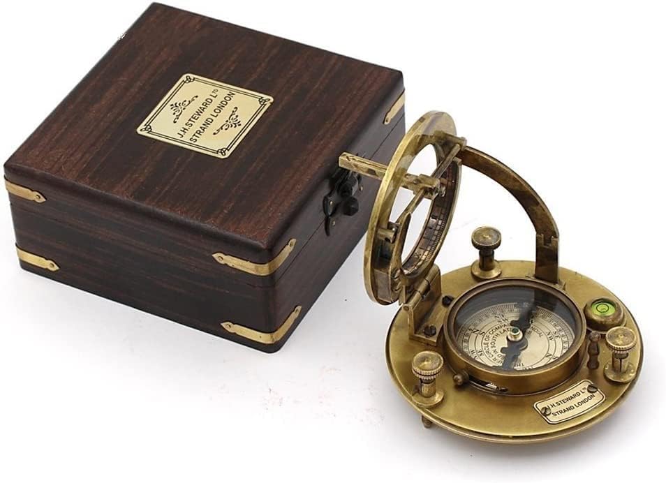 Antique Nautical Vintage Directional Magnetic Sundial Clock Pocket Compass | Quote Engraved Baptism Gifts with Wooden Case for Loved Ones Father, Love 4" J.H. Steward Strand London