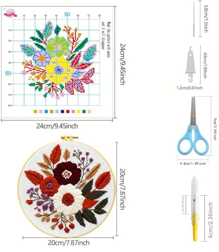 Image of Zhenqing 4 Pack Nature Stamped Cross Stitch Kit for Adults and Beginners, 11CT Printed Fabric Deer Tree Fish Flower Patterns with Hoop, Threads, Needles, Scissors, Threader, Guide