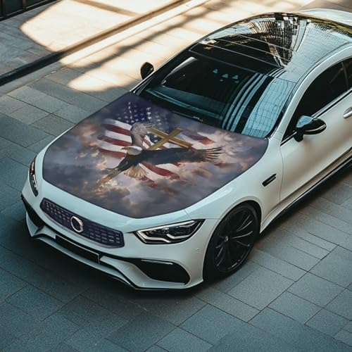 Image of Car Hood Cover Stretchable Eagle and American Flag Car Hood Wrap Blankets Vehicles Banner Auto Decorations for Compact Sedans SUV Trucks (59x39 Inch)