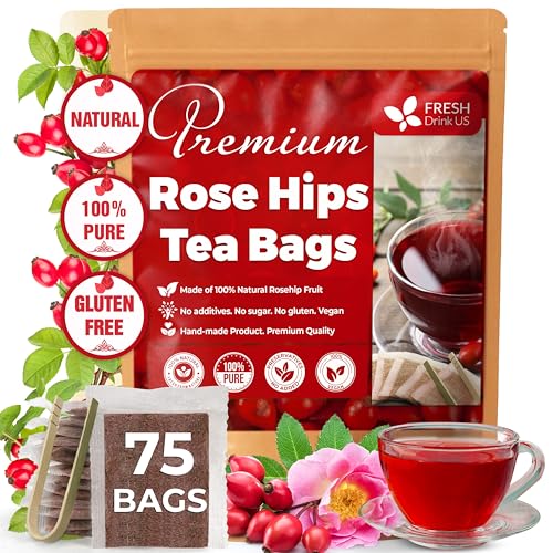 Image of FreshDrinkUS, Premium 75 Rosehip Tea Bags, 100% Natural & Pure from Rose Hip Fruits. Loose Rosehip Herbal Tea. Made with Natural Material Tea Bags. No Sugar, No Caffeine, No Gluten, Vegan.