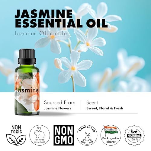 Image of Esslux Jasmine Essential Oil | 100% Natural Aromatherapy Oil for Skin Care | Perfect for Diffusers, Candle, and Soap Making | Invigorating Scent for DIY Projects, 60 ML