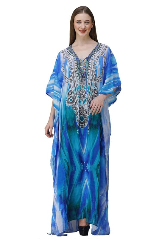 Women's Crepe Kaftan – Bohemian long Blue Printed V-Neck Long Maxi Caftan with Loose Fit & Elegant Design (Kaftan-Kurti)