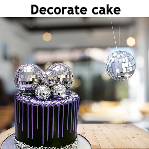Abeillo 7PCS Disco Cake Topper, Different Sizes, 70s Themed Dance Party Supplies, Small Disco Balls for Cake Dessert Christmas Party Ornament (Silver)