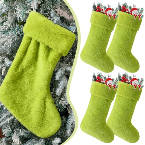 JOVITEC 4 Pieces 20 Inch Christmas Stockings Faux Fur Snowy Christmas Stockings Xmas Fireplace Hanging Stocking Candy Gift Bags for Holiday Decorations (Cute,Green)