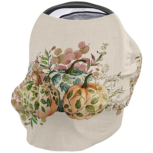 Nursing Cover for Breastfeeding Scarf, Thanksgiving Pumpkins Flowers Eucalyptus Leaves Fall Baby Car Covers Super Soft Multi Use for Canopy Shopping Cart Cover Blanket Stroller Cover