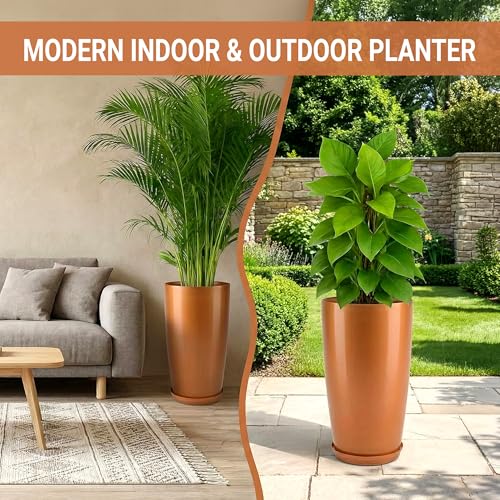 Image of Heart Home 2 Pcs Big Planters /Vase with Saucer for Home Decor | 18 Inch Large Outdoor & Indoor Flower Pot /Drainage Hole /Lightweight /Plant Container | Copper