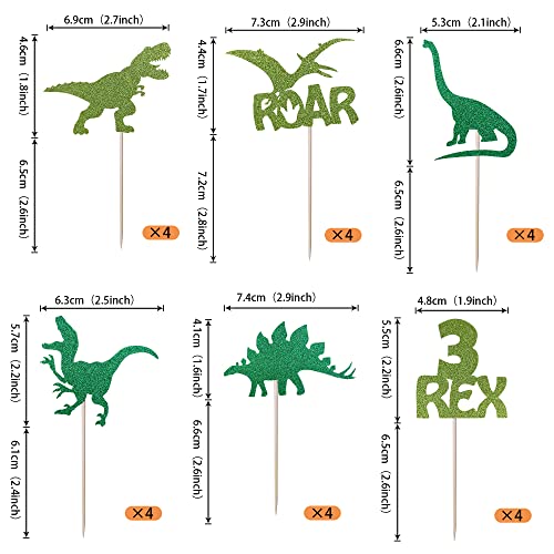 24 Pack Dinosaur Cupcake Toppers Glitter 3 Rex Roar Dinosaur Cupcake Picks Three Years Old Dino Theme Baby Shower Third Birthday Party Cake Decorations Supplies Green #TOP1