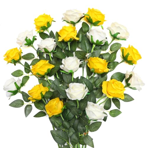 JUSTOYOU 20 PCS Rose Artificial Flower,Double Colour Silk Blooming Rose with Stem,Artificial Rose Bouquet Realistic Flower for Home Table Office Party Wedding Garden Arrangements(yellow and white)