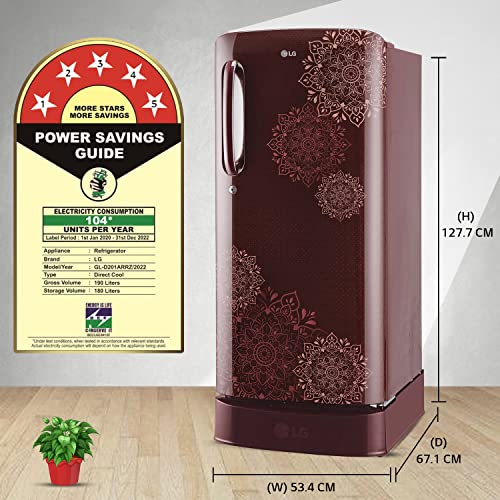 Image of LG 190 L 5 Star Inverter Direct-Cool Single Door Refrigerator Appliance (GL-D201ARRZ, Ruby Regal, Base stand with drawer & Smart Connect, 2022 Model)