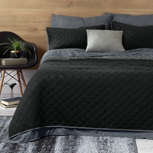 El Mejor Listado de Edredones matrimoniales los mejores 10. 47 REAL TEXTIL Juego de Edredón Ligero Doble Vista con Fundas de Almohada y Set de Sábanas (Negro - Gris, Matrimonial)