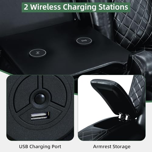 Image of Power Reclining Sectional Sofa Set with Recliner Chair, Black Breathable Faux Leather L-Shaped Couch with LED Lights, USB Charging, Wireless Charging, Storage Console and Cup Holders