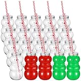 Sliner Paquete de 20 botellas de jugo de plástico de muñeco de nieve de 17 onzas con tapas y popotes, tarros transparentes para regalos de fiesta de Navidad y uso diario