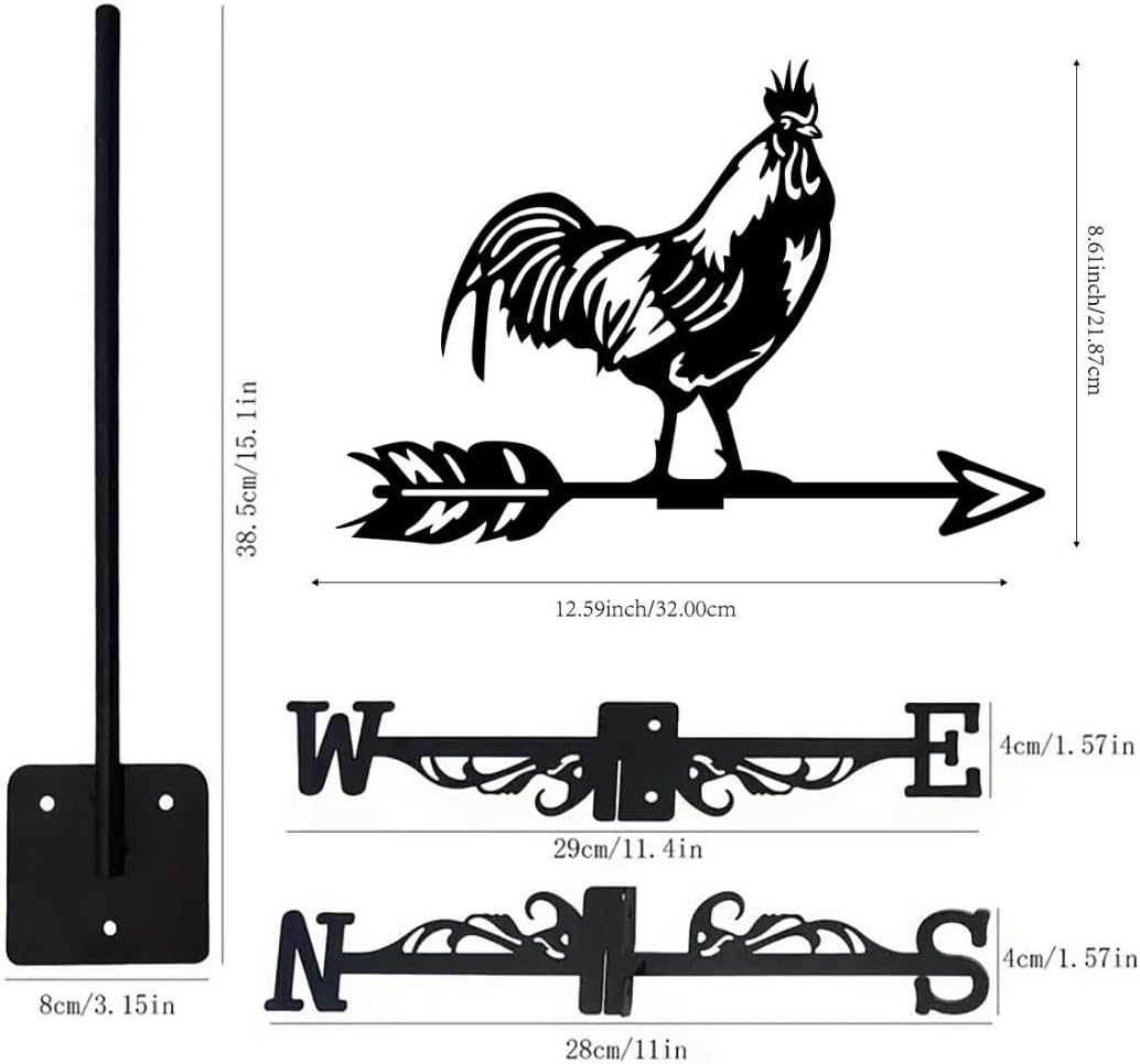Stainless Steel Black Weathervane Iron Rooster Weather Vane Metal Wind Direction Indicator Speed Spinner Outdoors Roof Yard Decorations (F)