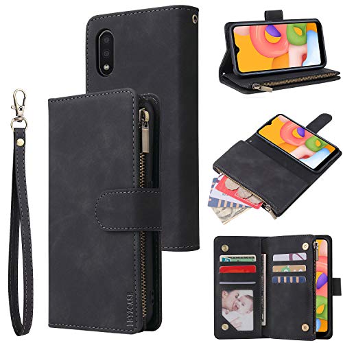 LBYZCASE Phone Case for Galaxy A10E 2019,Samsung A10e Wallet Case,Luxury Folio Flip Leather Cover[Zipper Pocket][Wrist Strap][Kickstand ][Magnetic Closure] for Samsung Galaxy A10E (Black)