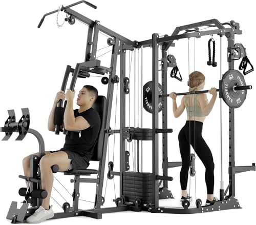 GMWD Dual-Station Smith Machine Power Cage, All-in-One Home Gym Workout Station with 121LB Weight Stacks & Cable Crossover, Professional Functional Trainer for Couples & Family Strength Training