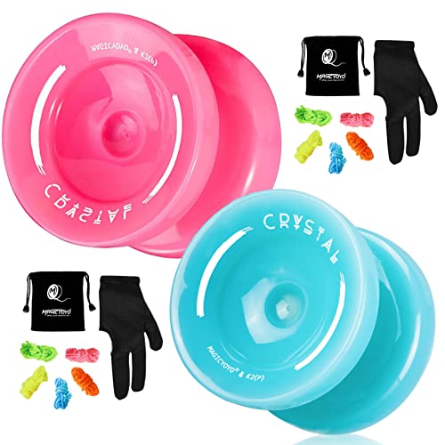 MAGICYOYO K2 Responsive Plastic Fingerspin Yoyo for Kids Beginners Yo-Yo Pink & Lake Blue Yoyo for Kids Beginners Yo-Yo with 2 Yoyo Gloves, 2 Yoyo Bags, 10 Yoyo Strings
