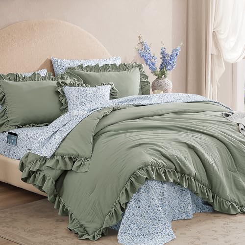 Twin XL Comforter Set - 5 Pieces Ruffle Sage Green Bedding Sets, Shabby Chic Farmhouse Bed in a Bag Twin XL with Ruffle Comforter, Floral Sheets, Pillowcases & Shams