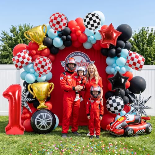 Image of TONIFUL Race Car Party Balloons Set - 40 Inch Red Number 1 Foil Balloon with Checkered Round, Explosion Star & Star Balloons for Boys 1st Birthday Car Themed Decorations, Photo Backdrop Supplies