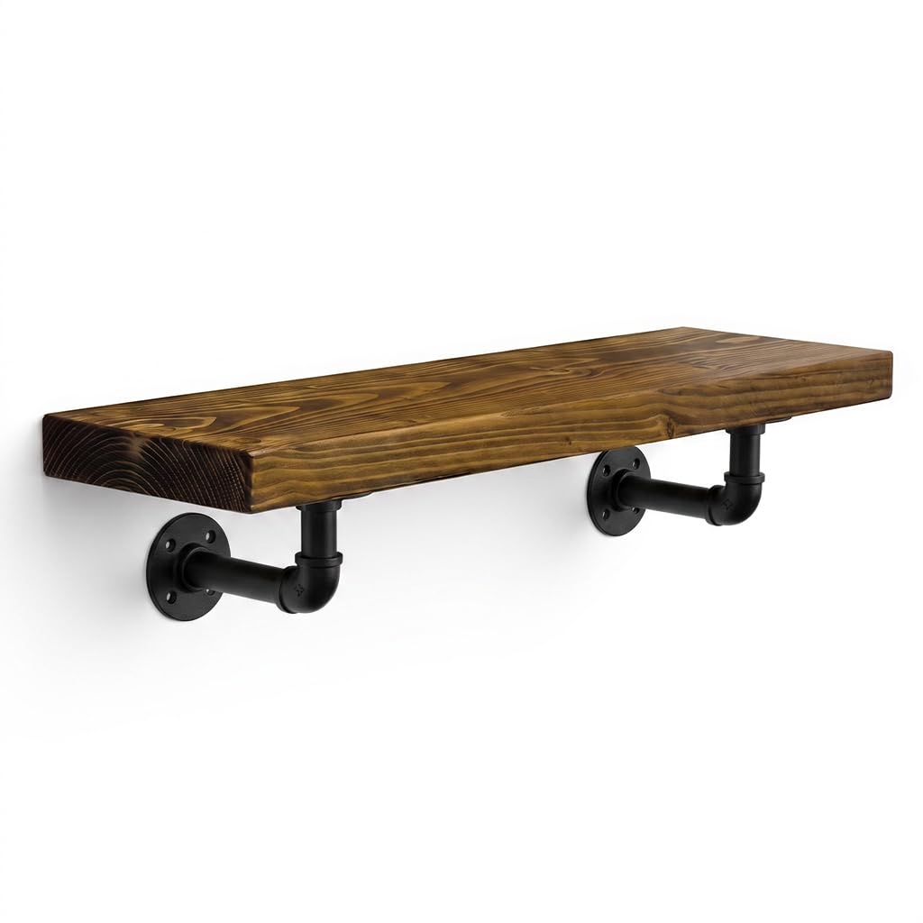 MKGT Handcrafted Rustic Wooden Floating Shelf with Industrial Pipe Brackets – 22cm Deep Solid Pine Wall Shelf, 45mm Thick, Made in the UK, Includes Fixings (Tudor Oak, 110cm)